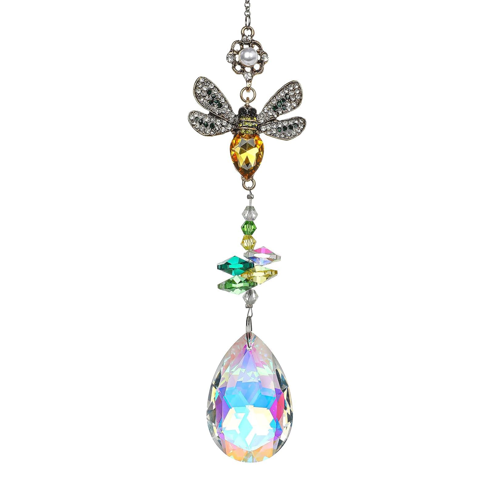 Crystal Suncatcher, Colourful Bee Design White Crystal Pendant, Sun Catcher for Windows, Home and Garden Decor, Hanging Sun Catcher Ornament