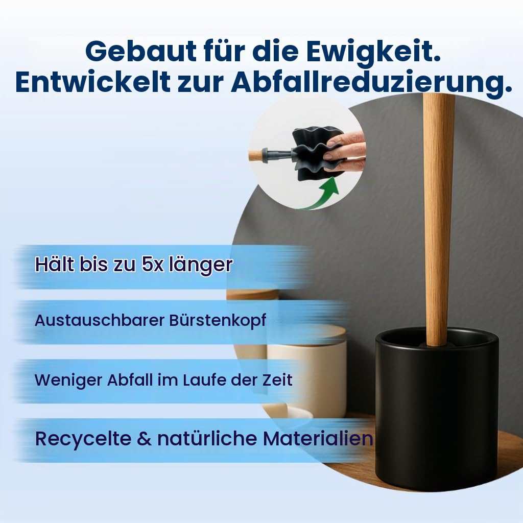 Toilettenbürste LOOWY Woodline Kunststofftopf dunkelgrau | Set mit Toilettenbürstenhalter und zusätzlichem Ersatzkopf | Klobürste Holz mit Halterung für WC & Bad | hygiensich & reinigungsstark