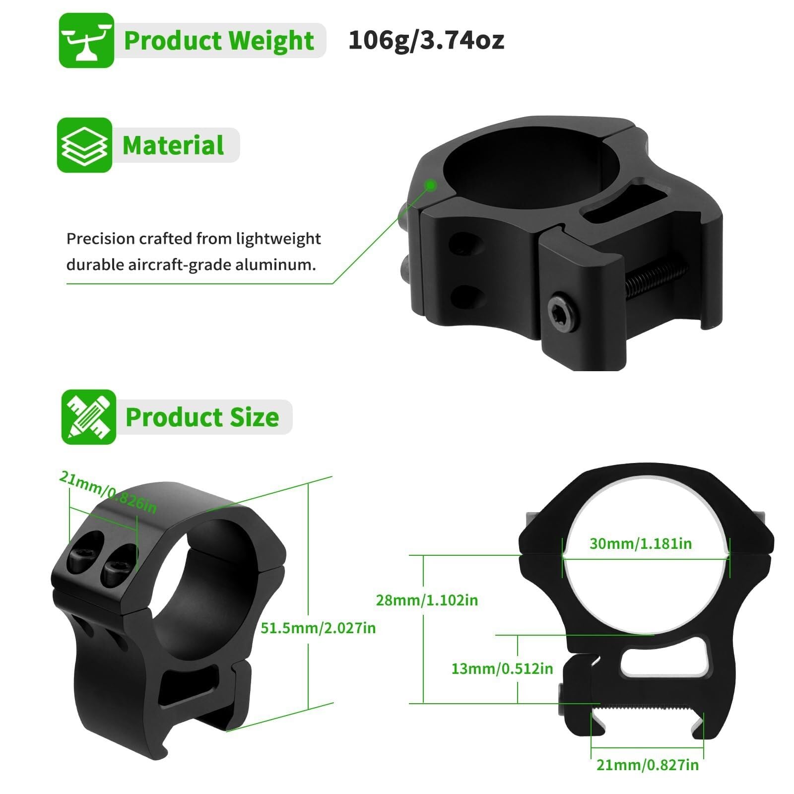 2 Anneaux De Lunette Picatinny 30 Mm – Alu 6061, Profil Moyen, Hauteur 28 Mm, Pour Rail 21 Mm, Noir Mat
