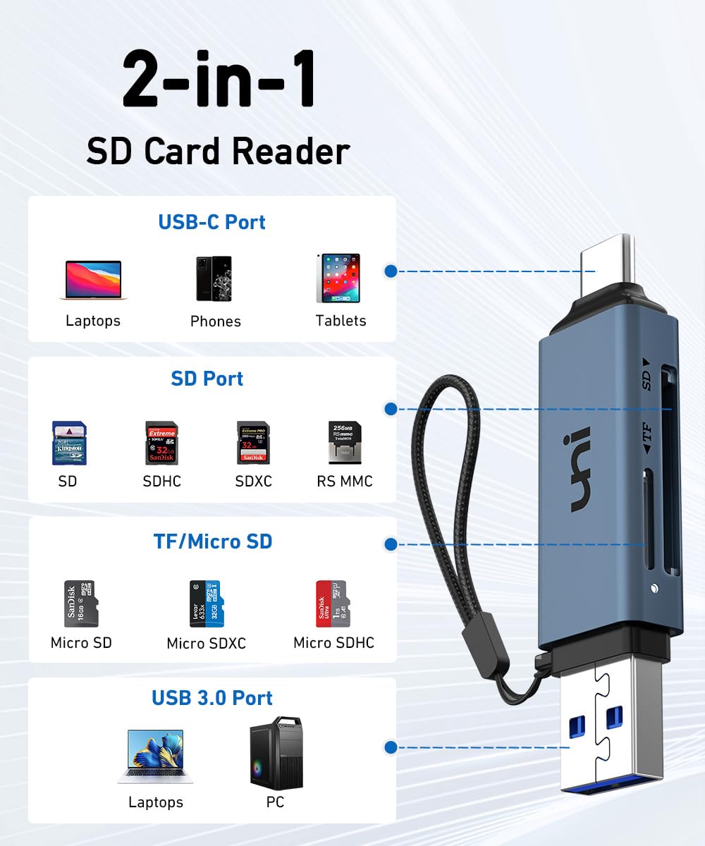 uni Lettore di Schede SD TF OTG Adattatore Lettore Micro SD Card USB C/USB 3.0 Supporta SD Micro SD SDHC SDXC MMC UHS-I Compatibile con Serie iPhone 15 MacBook PRO Air Galaxy S23 XPS 13 -Blu Notte