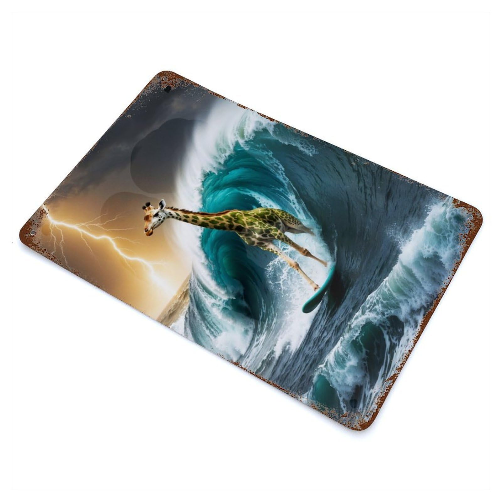 Surfing Giraffe in A Storm Decorative Tin Sign 11.8"x7.9", Retro Wall Decor for Living Room, Hallway And Home Decor