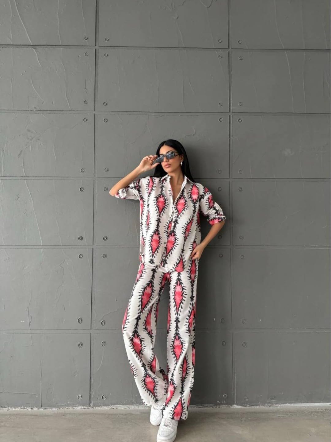 Gufrina Women's Polyester Co-Ord Set With Button-Up Top & Wide Leg Pant 3/4Th Sleeves Collar Neck Printed Pattern Regular Fit And Standard Length