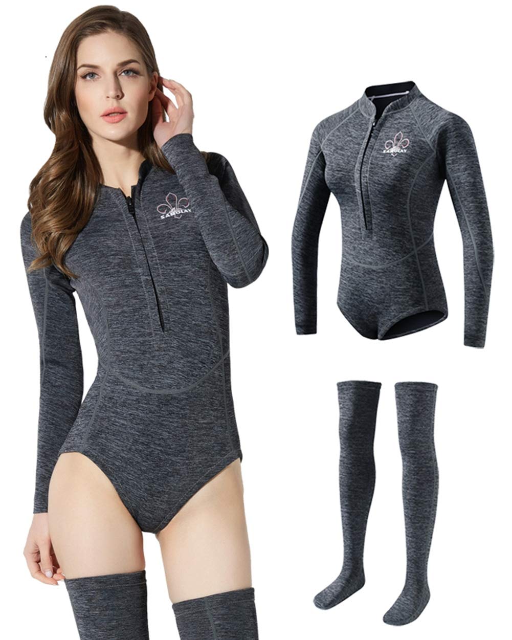 SABOLAY Womens Wetsuit 2mm Neoprene Surfing Set Triathlon Scuba Diving Snorkeling Swimming Suit,Gray,XL