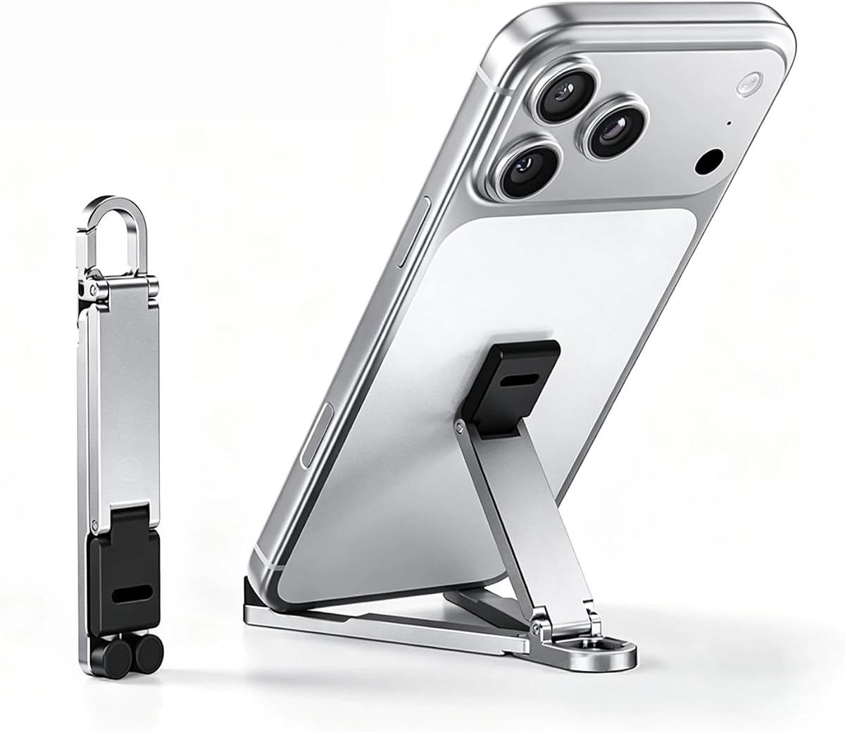 Aluminum Alloy Mini Desktop Cell Phone Holder,Foldable Keychain Phone Holder Portable Hands-Free Travel Phone Holder, Adjustable Angle Vertical and Horizontal,For All Phones,Offices,Travel (Silver)