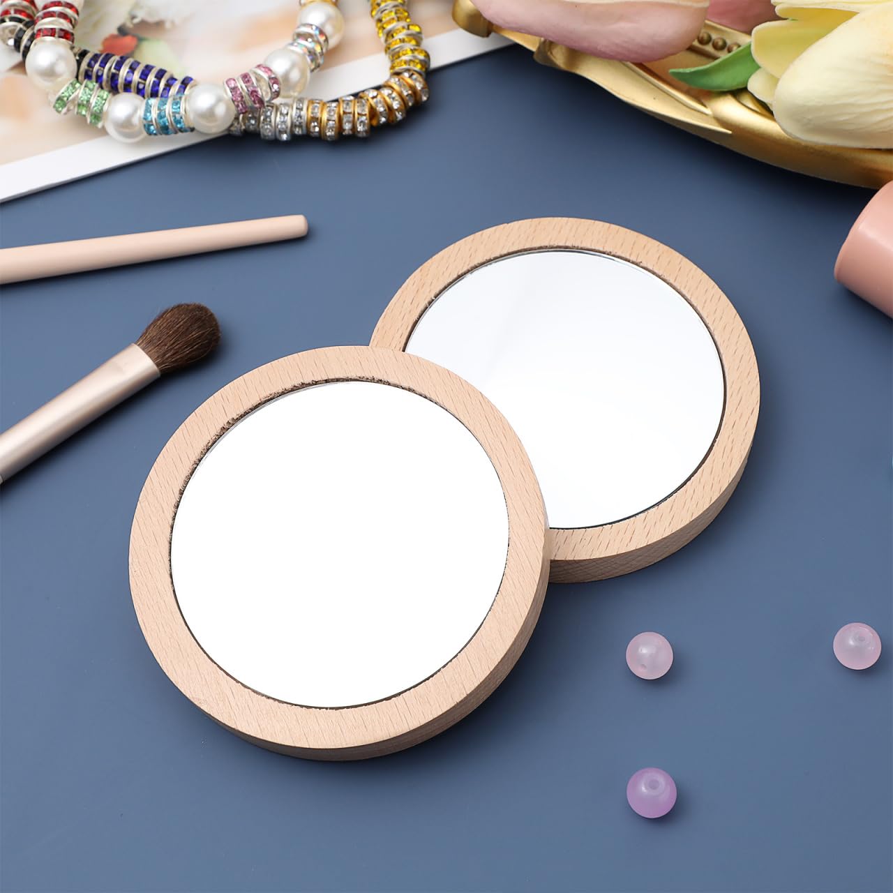 Confezione da 2 piccoli specchietti tascabili in legno, rotondi, compatti, portatili, per borsa da donna da 6 5 cm e 7 5 cm, ideale per bambini e bambini