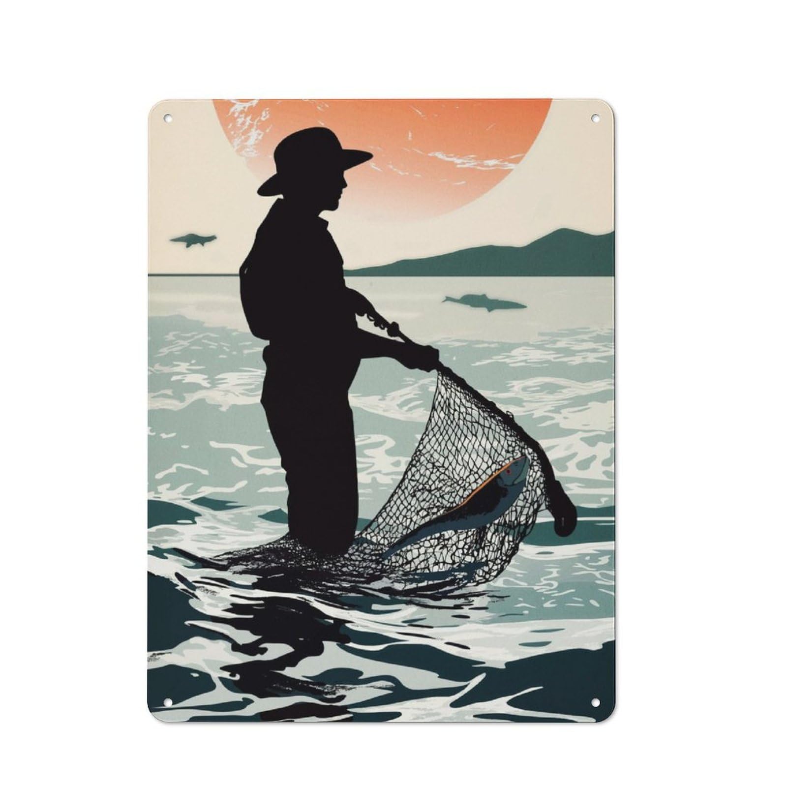 Nostalgic Silhouette Fisherman with Catch Metal Wall Sign 40x30cm, Bar Wall Plaque for Pub, Home Bar, Shed Or Man Cave