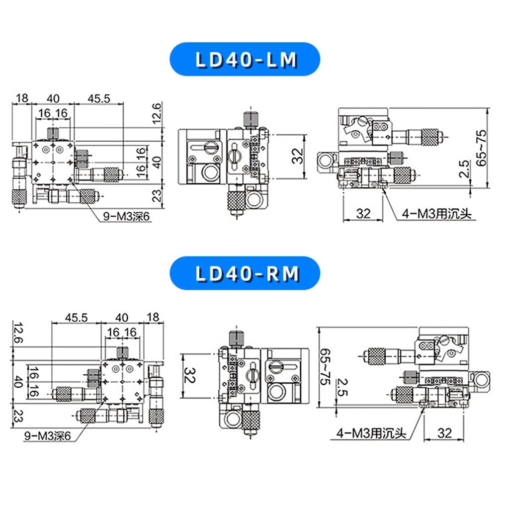 Stół przesuwny liniowy z ręcznym stolikiem liniowym o osiach XYZ 40x40 mm – platforma przycinająca z duraluminium do pozycjonowania w instrumentach optycznych (dł. 40 cm)