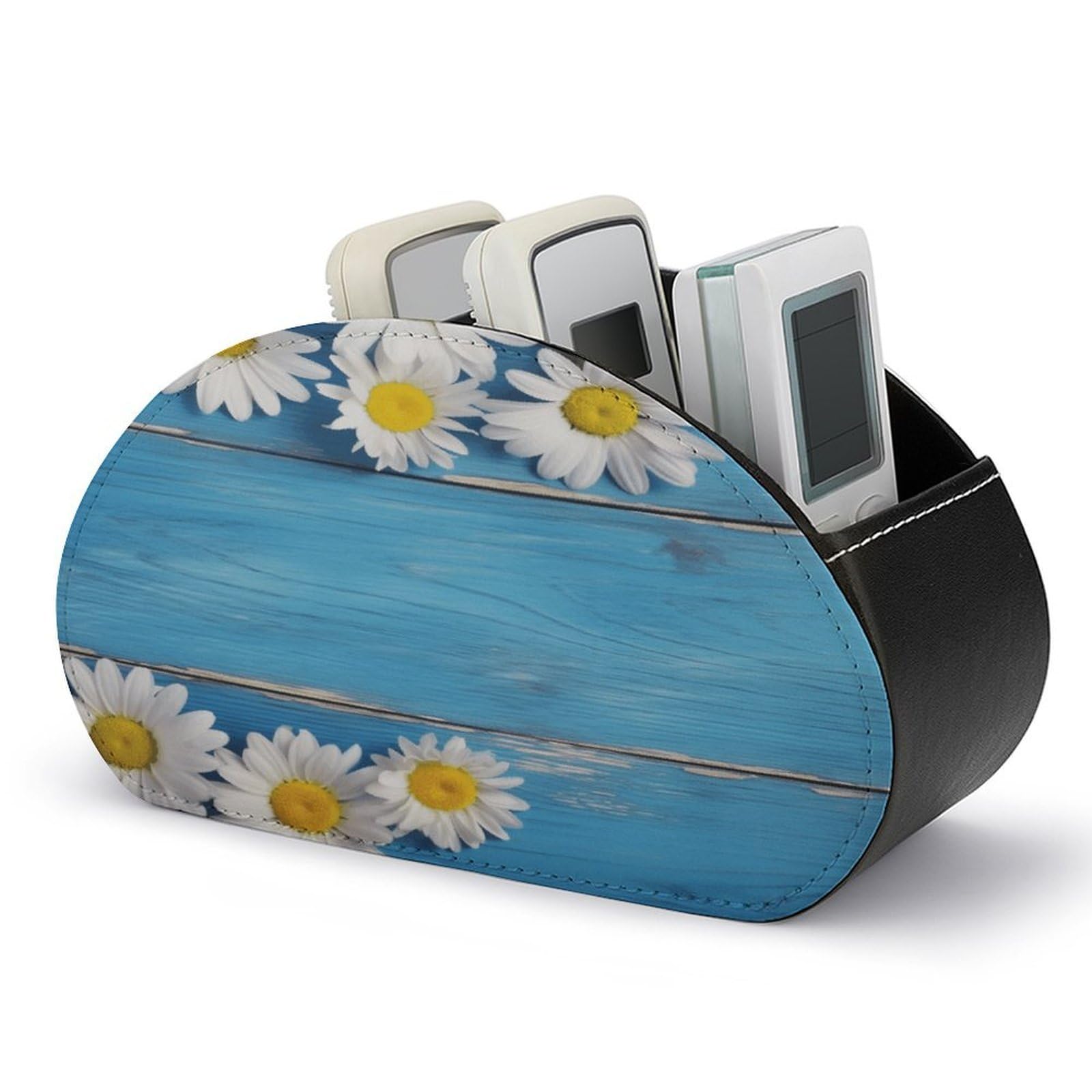 Btcowzrv Style Daisy Flowers Blue Wooden Remote Control Holder With 5 Compartments