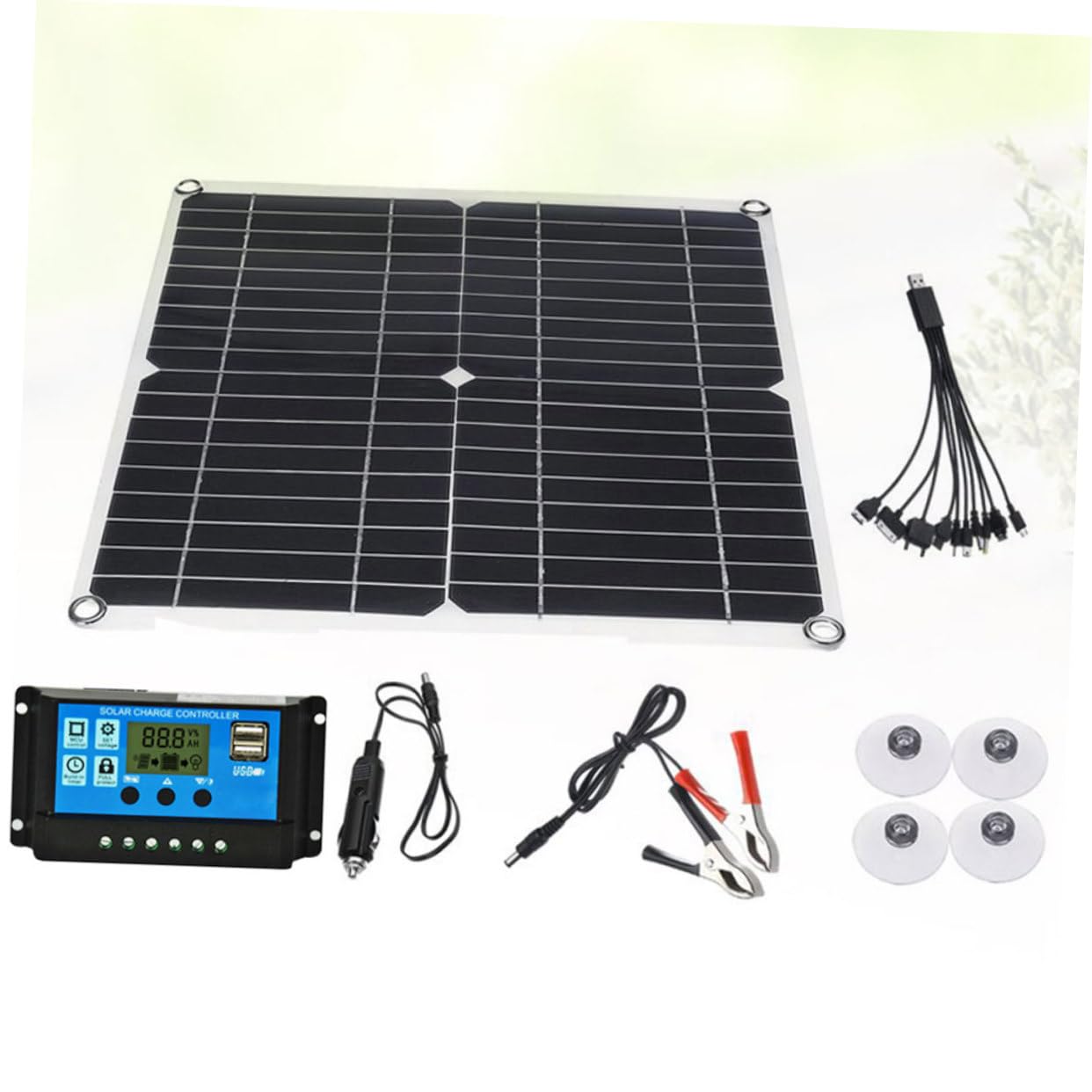 Pannello Solare da 20w in Silicio Cristallino con Controller 20a | Set da 1 Pezzo, Nero, Eva e Pet, per Outdoor e Campeggio, 2 Moschettoni Inclusi