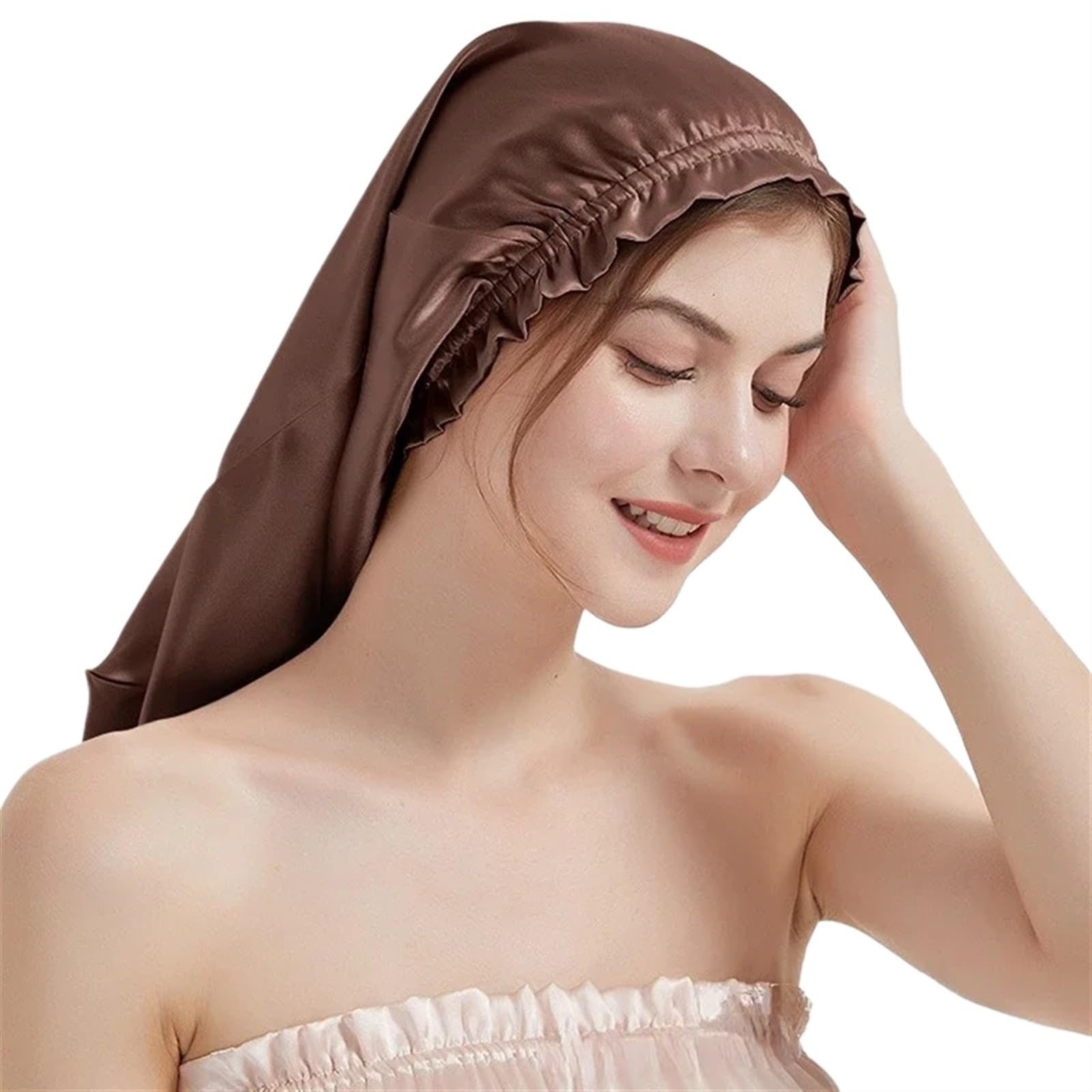 Turbante Lungo di Seta Naturale Turbante for Capelli Spessi Berretto da Notte Turbante for Dormire Capelli Ricci Cuffia di Seta for Dormire Avvolgere i Capelli di Seta Elastica(Coffee)