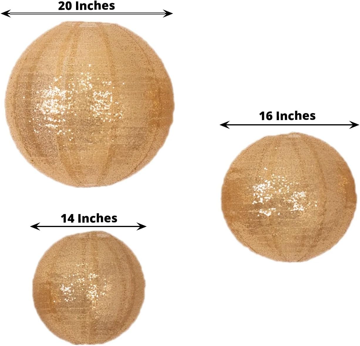 Efavormart Set of 3 Large Gold Sequin Fabric Hanging Lanterns, Round Foldable Chinese Lantern Lampshades for Weddings, Events, and Professional Party Decor - 14", 16", 20"