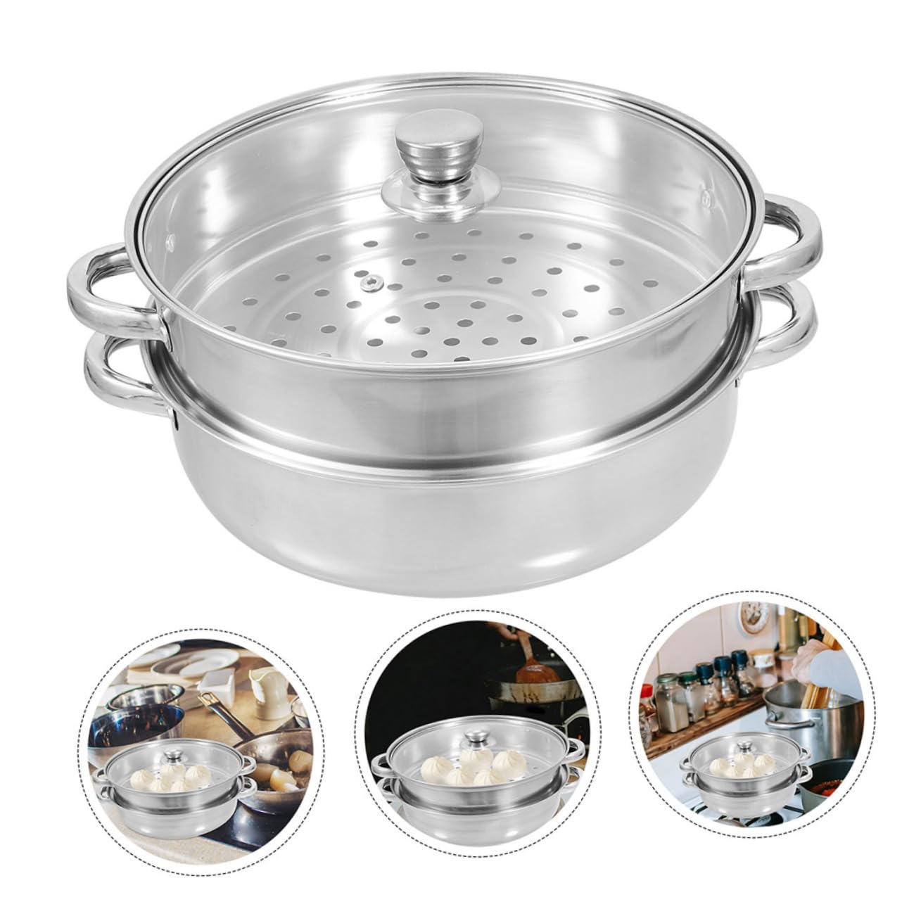 Vaporera de Acero Inoxidable Doble Capa, Olla de Vapor para Cocina 4 Asas, 30 Cm de Capacidad