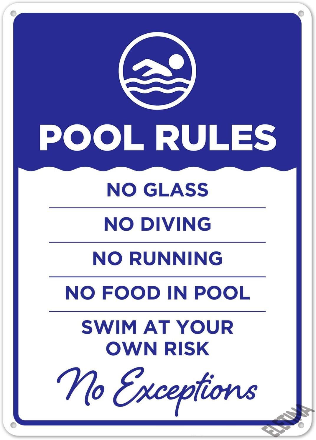 Warning Sign Pool Rules No Exceptions Safety 8"X12" Metal Aluminum