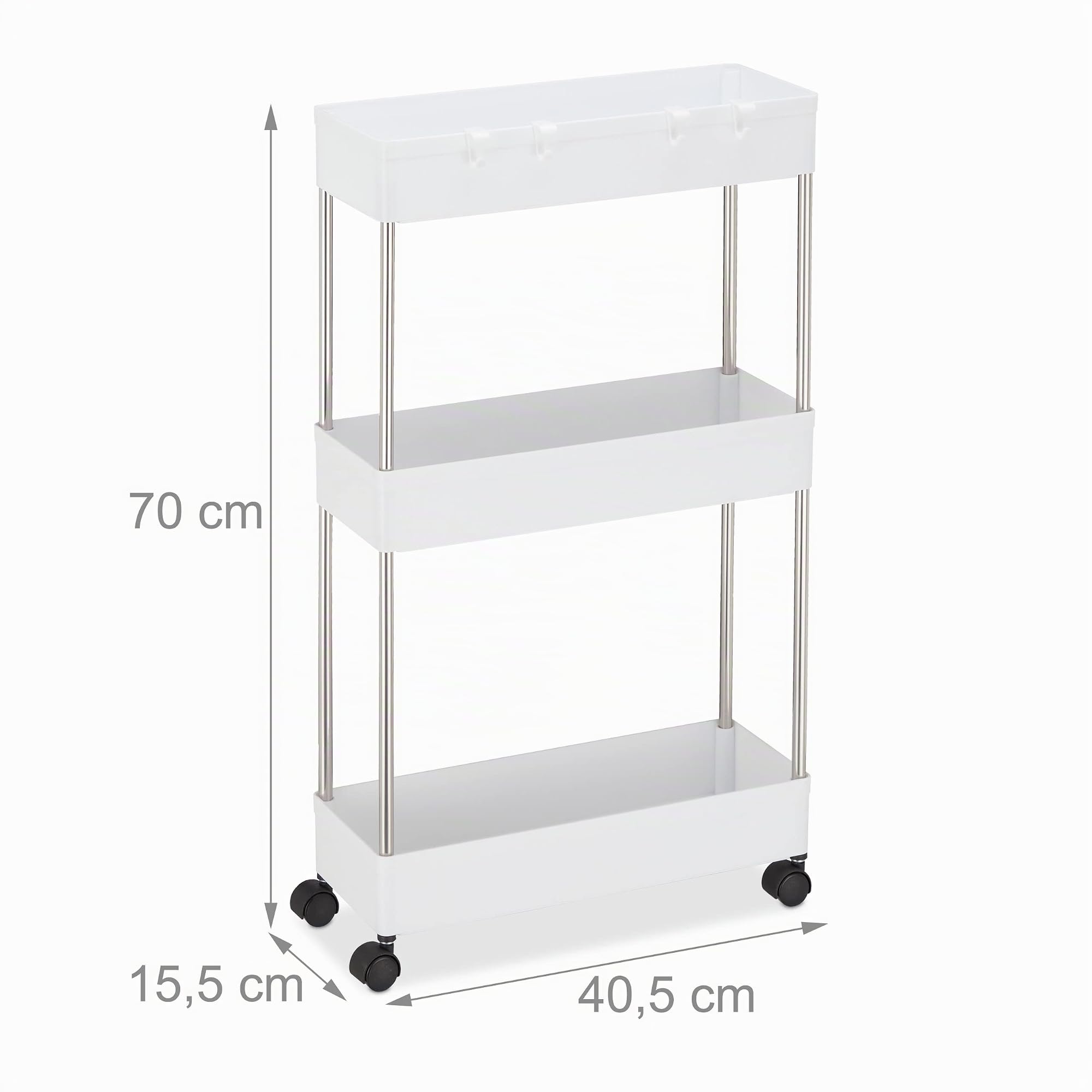 Relaxdays Mobile Salvaspazio, Scaffale su Ruote con 3 Ripiani, per Bagno & Cucina, Carrello 70 x 15,5 x 40,5 cm, Bianco