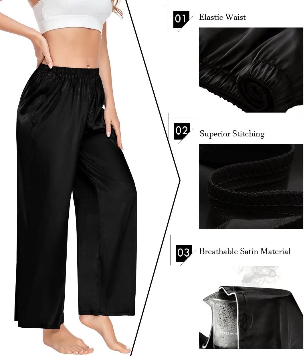 SWOMOG Women's Silk Satin Pajama Pants Longs Silky Sleep Pants Loungewear Trousers Elastic Waist Lounge Pj Bottoms - Image 3