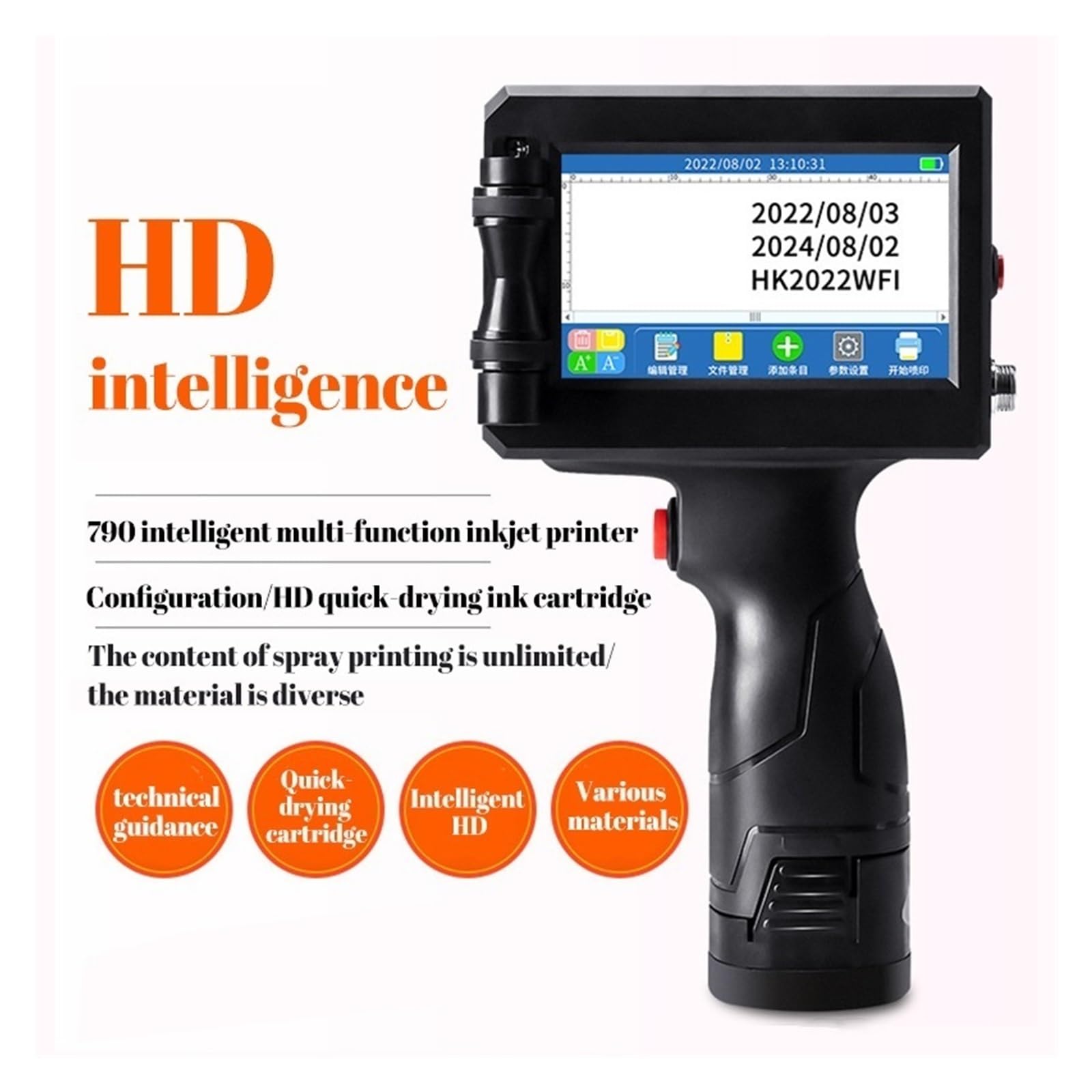 Draagbare inkjetprinter Draagbare handheld inkjetprinter, mini-labelcoderingsmachine, 2D-code barcode Kroonkurk LOGO-afdrukken, permanente inkt (Color : Printer-Black Ink, Size : 1