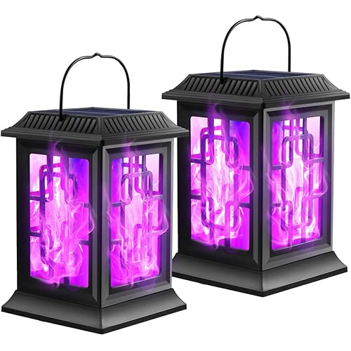 HAOYISHU Solar Outdoor Lanterns, Flickering Flame Solar Lights, Hanging Solar Lantern Outdoor Waterproof Decorative for Garden Patio Yard Pathway, 2 Pack Purple