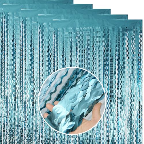 Image of GOER 5 Pack Metallic Tinsel Foil Fringe Curtains for Party Photo Backdrop Wedding Decoration 1m x 3m 5 Pieces Matte Light Blue