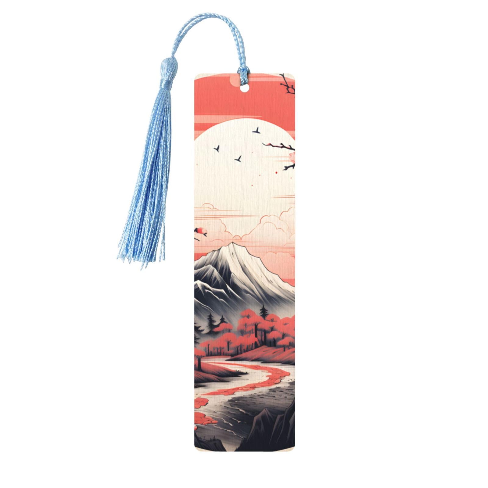 Japanese Fuji Bookmark Cherry Blossom Sun Wooden Bookmark with Tassel Book Mark for Women Men Reading Page Markers Gifts for Book Lovers