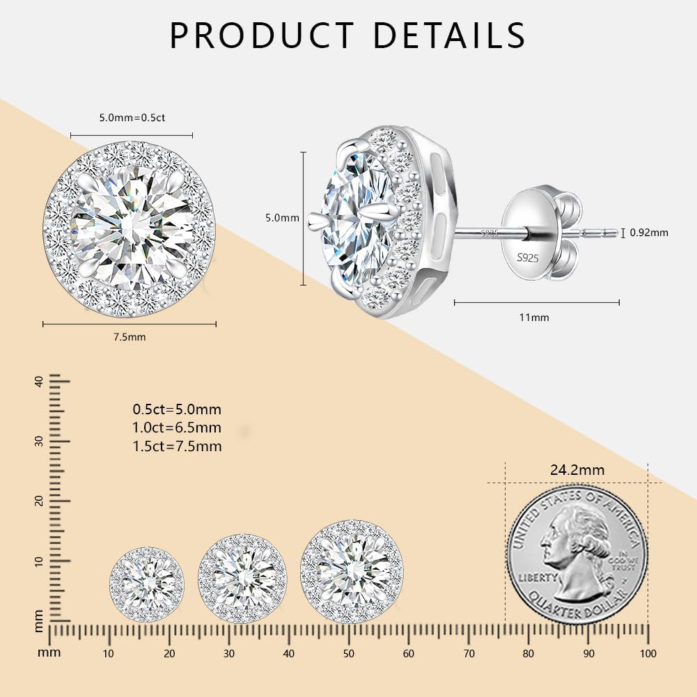 Moissanite Stud Earrings Lab Created 1ct-3ct 925 Sterling Silver 18K White Gold Plated, Round Cut, VVS1 Clarity Moissanite Halo Earrings for Women Men - Image 5