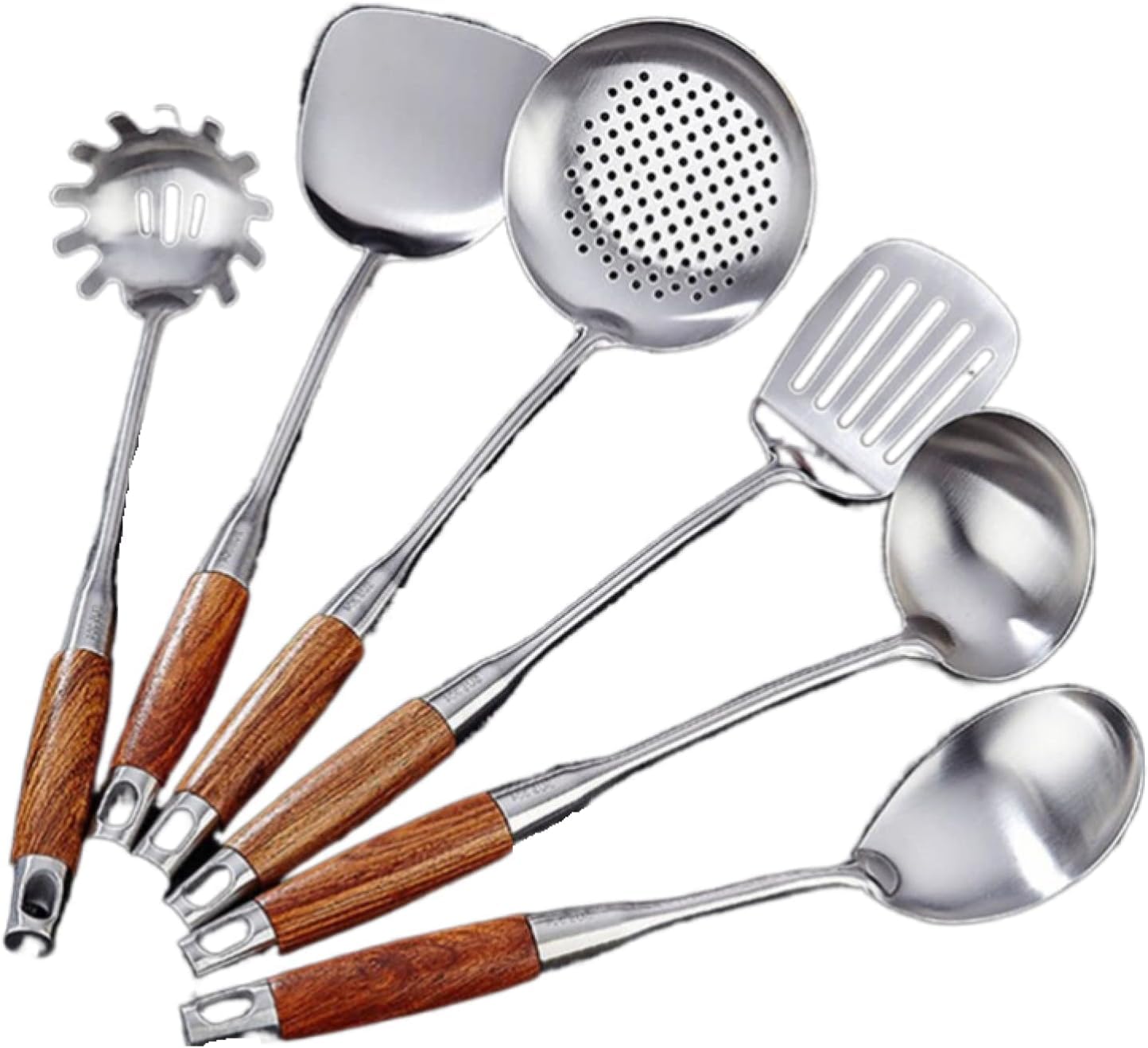 Juego de Utensilios de Cocina, Utensilios Cocina, Utensilio de Cocina con Mango de Madera de Acero Inoxidable 304, espátula, Pala, Cuchara, colador, Utensilios de Cocina, Juego de 6 uds.