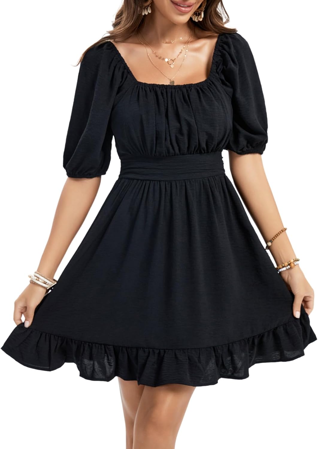 Fuinloth Womens Summer Sun Dresses Tied Back Puff Sleeve Square Neck Casual A-line Dress