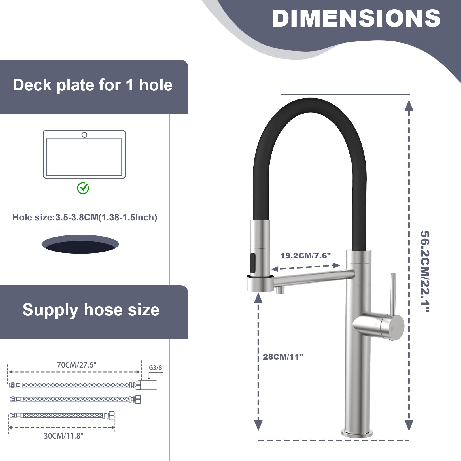Tohlar Grifo de cocina de 3 vías, giratorio 360°, grifo mezclador 3 en 1 para filtro de agua, grifo monomando para agua potable, grifo de cocina con ducha extraíble, acero inoxidable cepillado