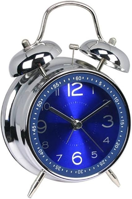 ALEENFOON 4" Metal Twin Bell Alarm Clock, Retro Vintage Desk Table Bedside Silent Analog Quartz Alarm Clock for Heavy Sleepers Kids Home Bedrooms Travel School Battery Operated with Light (Blue)