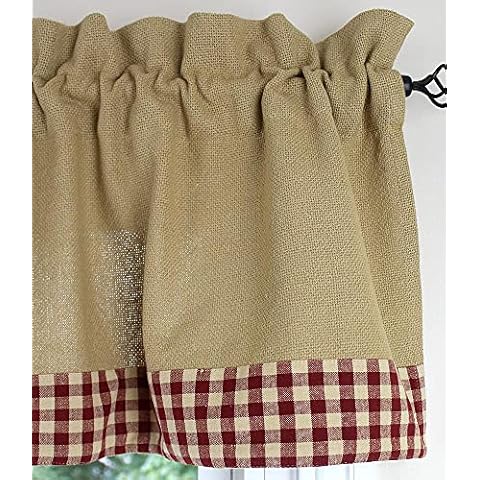 Primitive Home Decors Cotton Burlap with Check Barn Red Border 72" x 16" Valance Cover