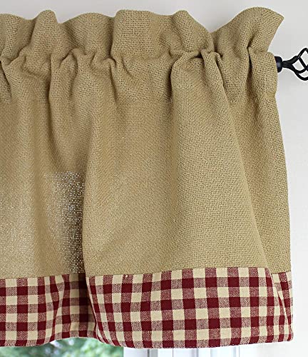 Primitive Home Decors Cotton Burlap With Check Barn Red Border 72" X 16" Valance #TOP7