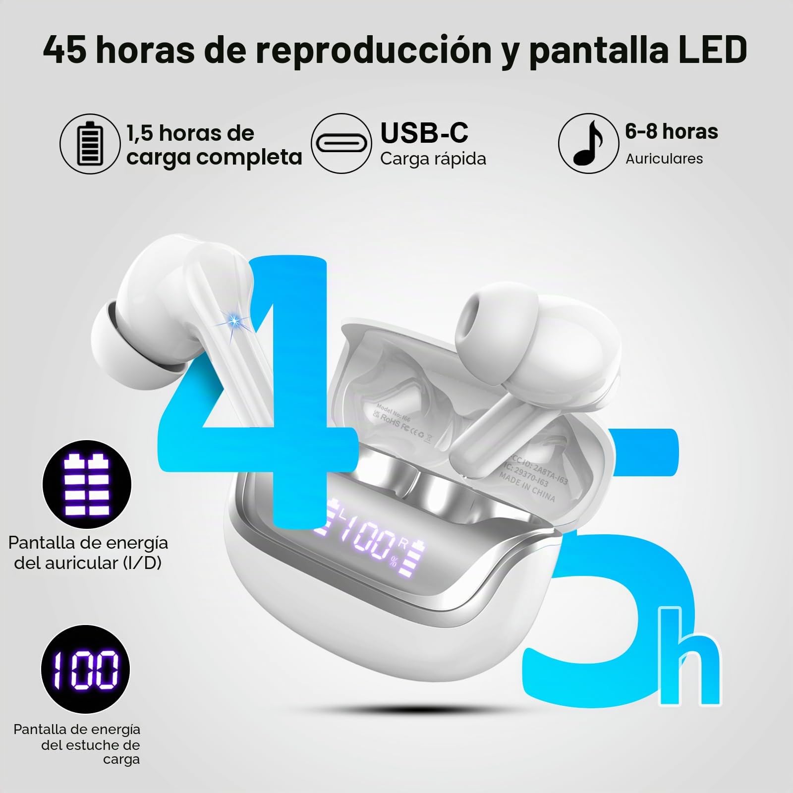 Auriculares Inalambricos Bluetooth, In-Ear Auriculares Bluetooth 5.4 con 4 ENC Cancelacion Ruido HD Mic, 45H Estéreo HiFi Cascos Inalambricos Running IP7 Impermeable/Pantalla LED/Carga Rápida Tipo-C