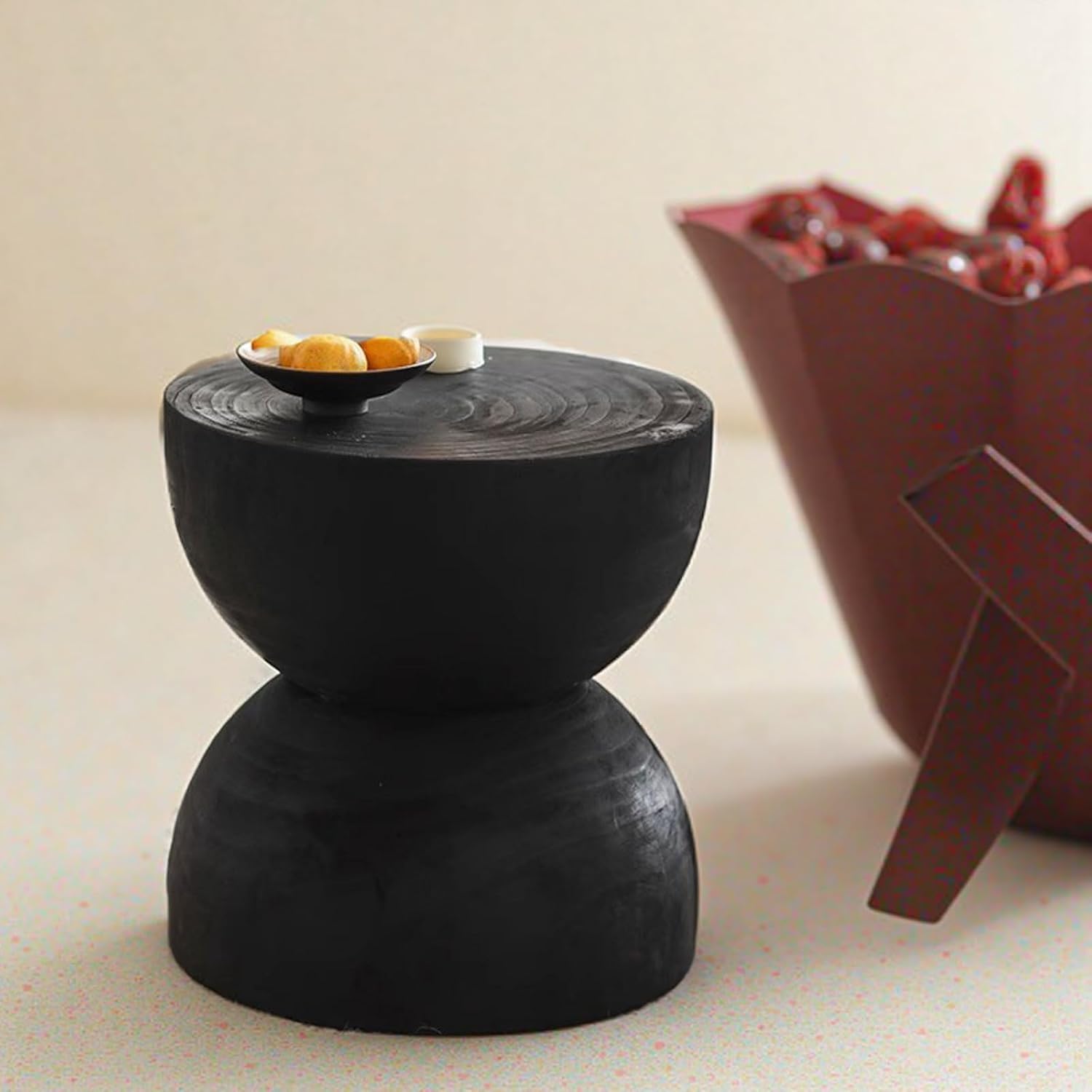 Home Round Coffee Table, Indoor and Outdoor Stump Side Table and Stump Stool,carbonized Black Hourglass-Shaped Stool