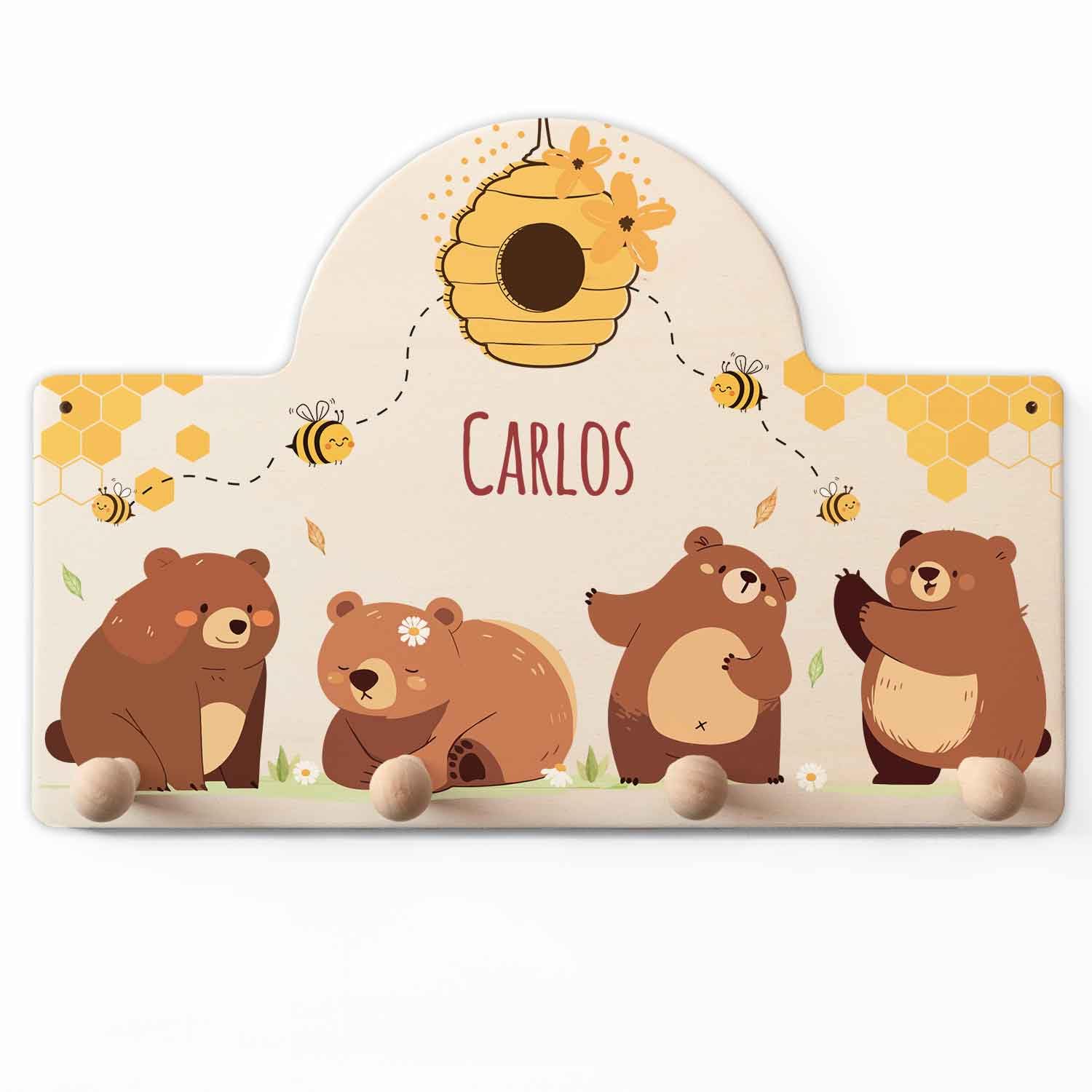 GRAVURZEILE Personalisierte Kindergarderobe - Bären & Bienen - Personalisiert mit Name - Garderobe aus Holz mit 4 Kleiderhaken für Baby & Kleinkinderzimmer - Geschenk für Mädchen & Jungen