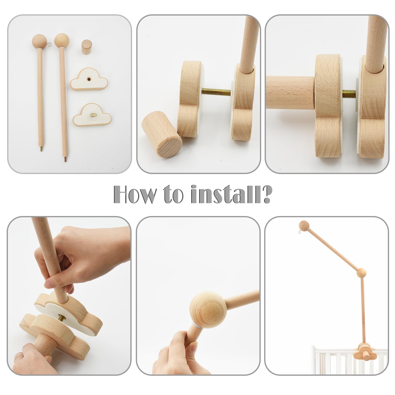 Soporte móvil, Aolkee soporte móvil de madera, bebé en movimiento, brazo móvil de cuna desmontable y ajustable para colgar juguetes de cuna en Movimiento/parabrisas, accesorios de cuna, marrón
