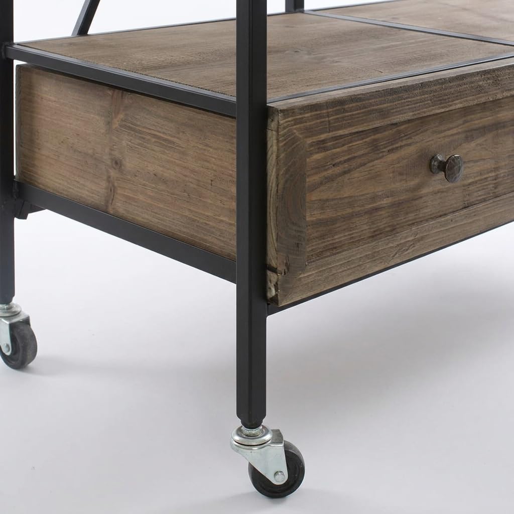 DiKasa Scaffale Industriale in Ferro e Legno con 6 Cassetti e Ruote, Mobile Contenitore per Soggiorno Cucina Studio, Struttura Nera e Cassetti Marrone Scuro 74x37x112 cm