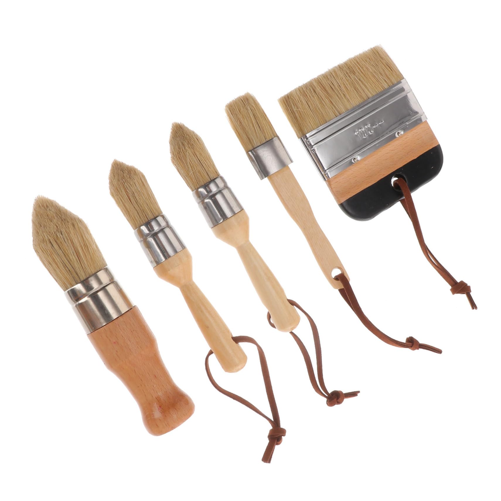 Homoyoyo Set de 5 Pinceaux à Poils Ronds en Bois et Alliage D'aluminium, Brosses Robustes Sangles en Cuir, pour Décoration et Peinture la Maison