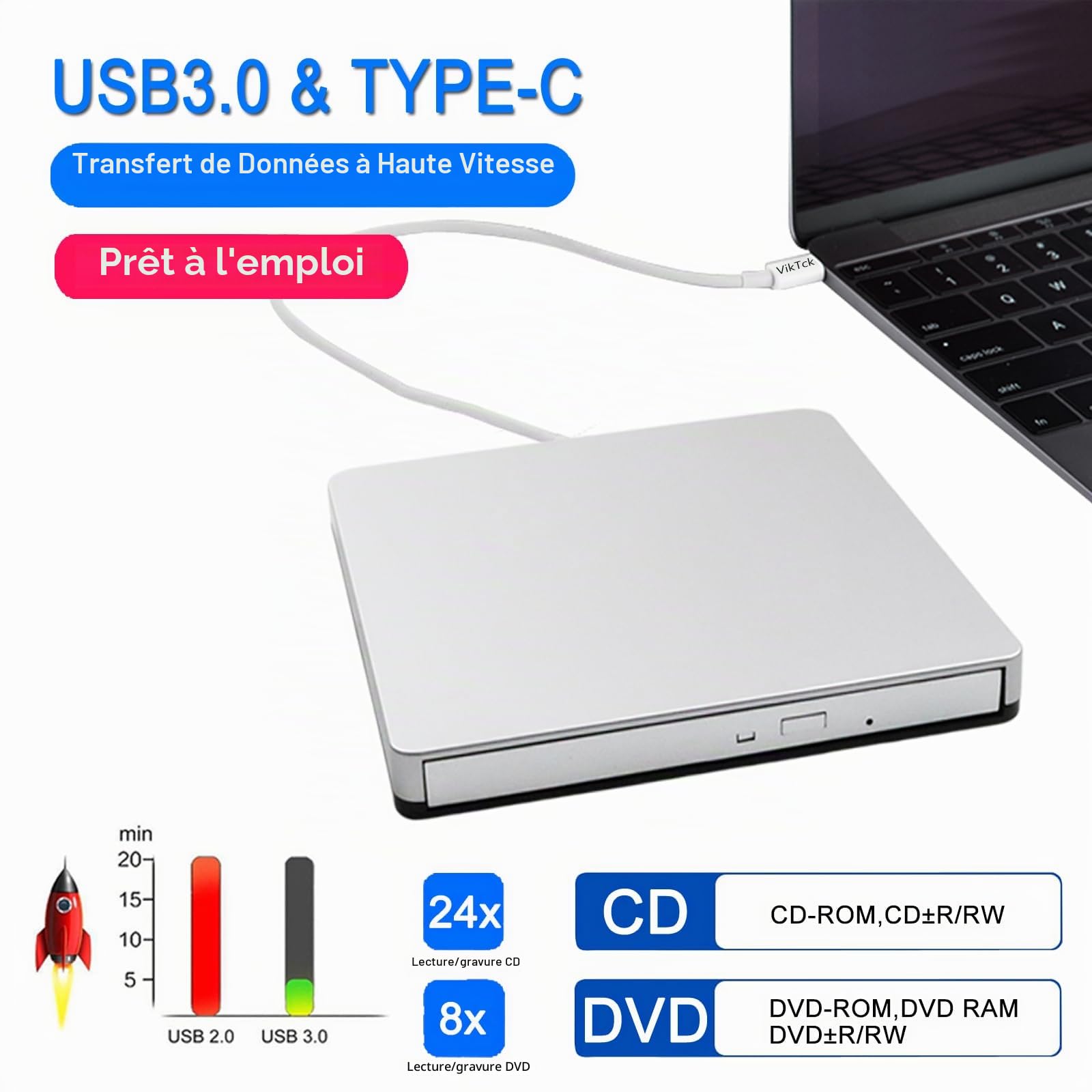 Lecteur DVD CD Externe USB-C SuperDrive Portable Lecteur/Graveur de DVD CD pour Apple - MacBook Air/Pro/iMac/Mini/MacBook Pro/ASUS/Dell/Ordinateur Portable avec Port USB-C Plug and Play