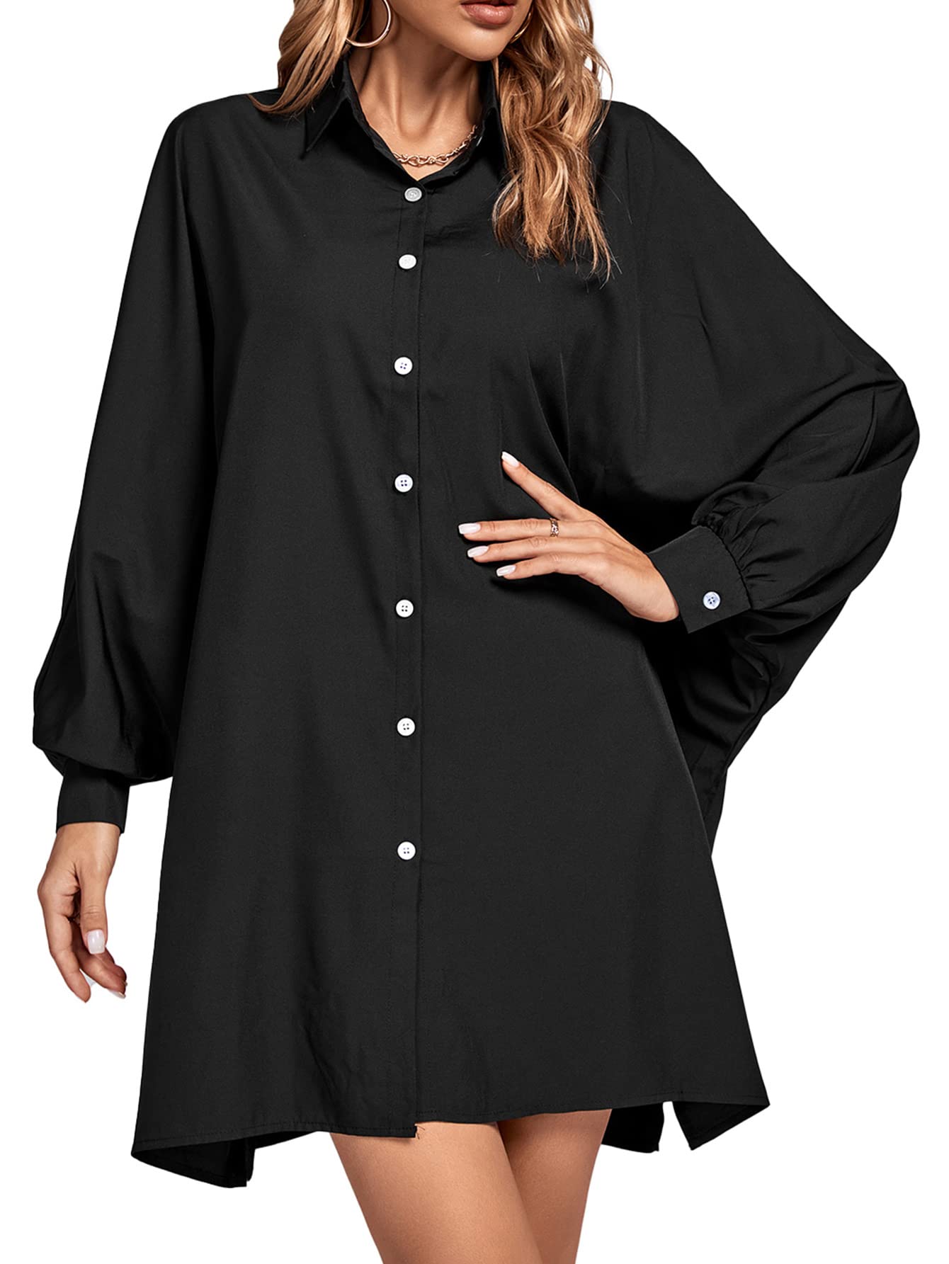 Women’s Casual Collar Button Down Puff Long Sleeve Oversized Swing Short Mini Shirt Dress