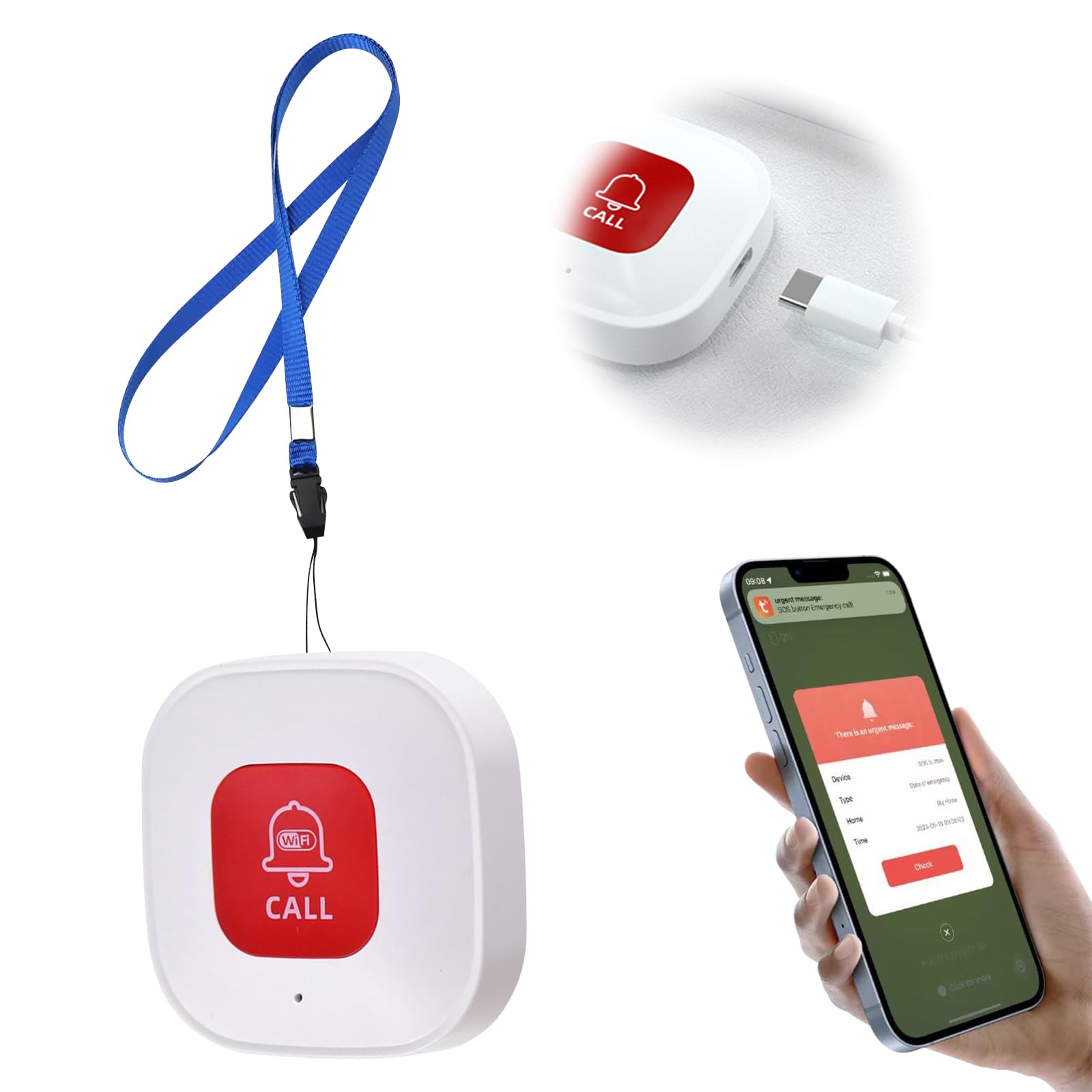 Boton Emergencia Ancianos Inteligente WiFi,SOS Avisador Personas Mayores,Control de Aplicación Tuya,WiFi Boton Llamada Emergencia para Pacientes/ Ancianos/ Niños/ Mujeres Embarazadas