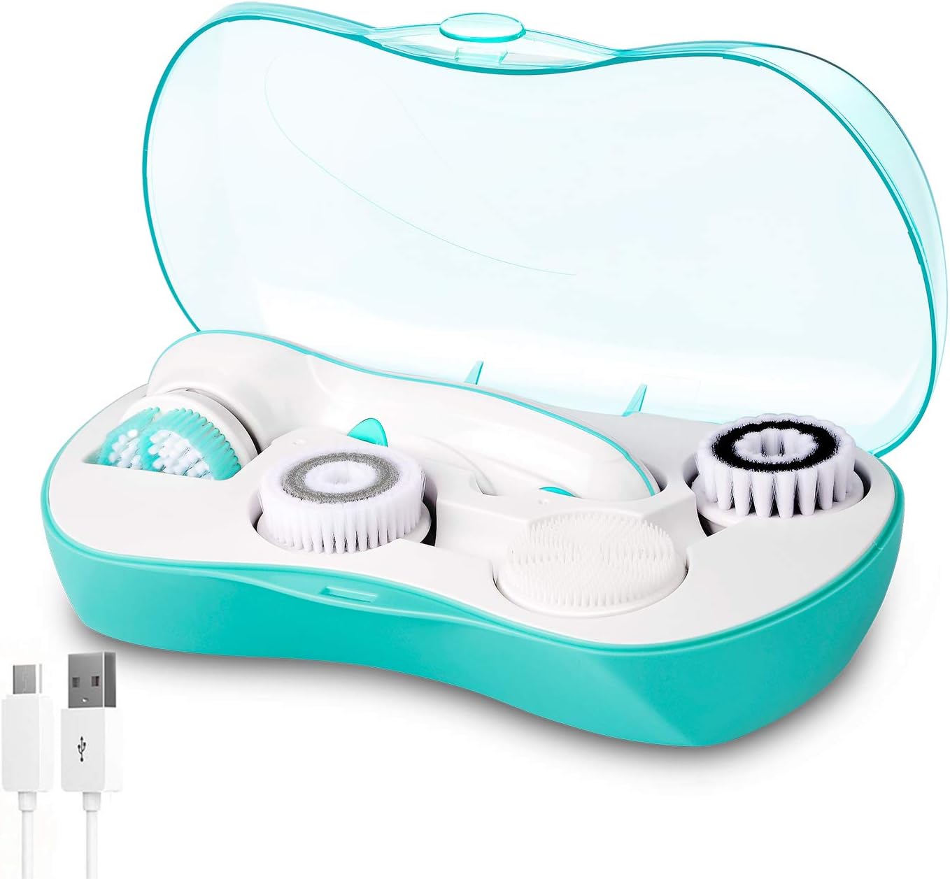 Rechargeable Facial Cleansing Spin Brush Set with 4 Exfoliation Brush Heads - Waterproof Face Spa System by CNAIER - Advanced Microdermabrasion for Deep Scrubbing and Gentle Exfoliating