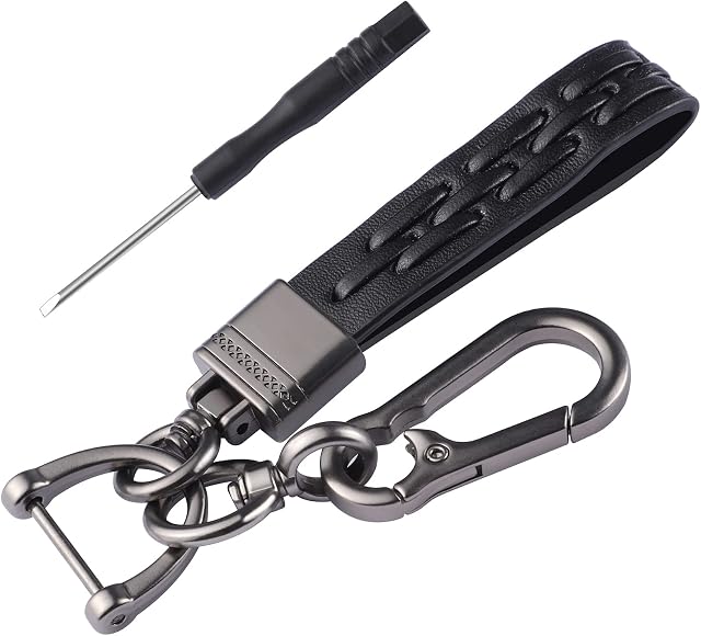Yoosso Leather Car Keyring Universal Key Fob Keychain Leather Key Chain Holder for Men and Women, 360 Degree Rotatable, with Anti-lost D-ring, Carabiner and 1 Screwdriver - Black