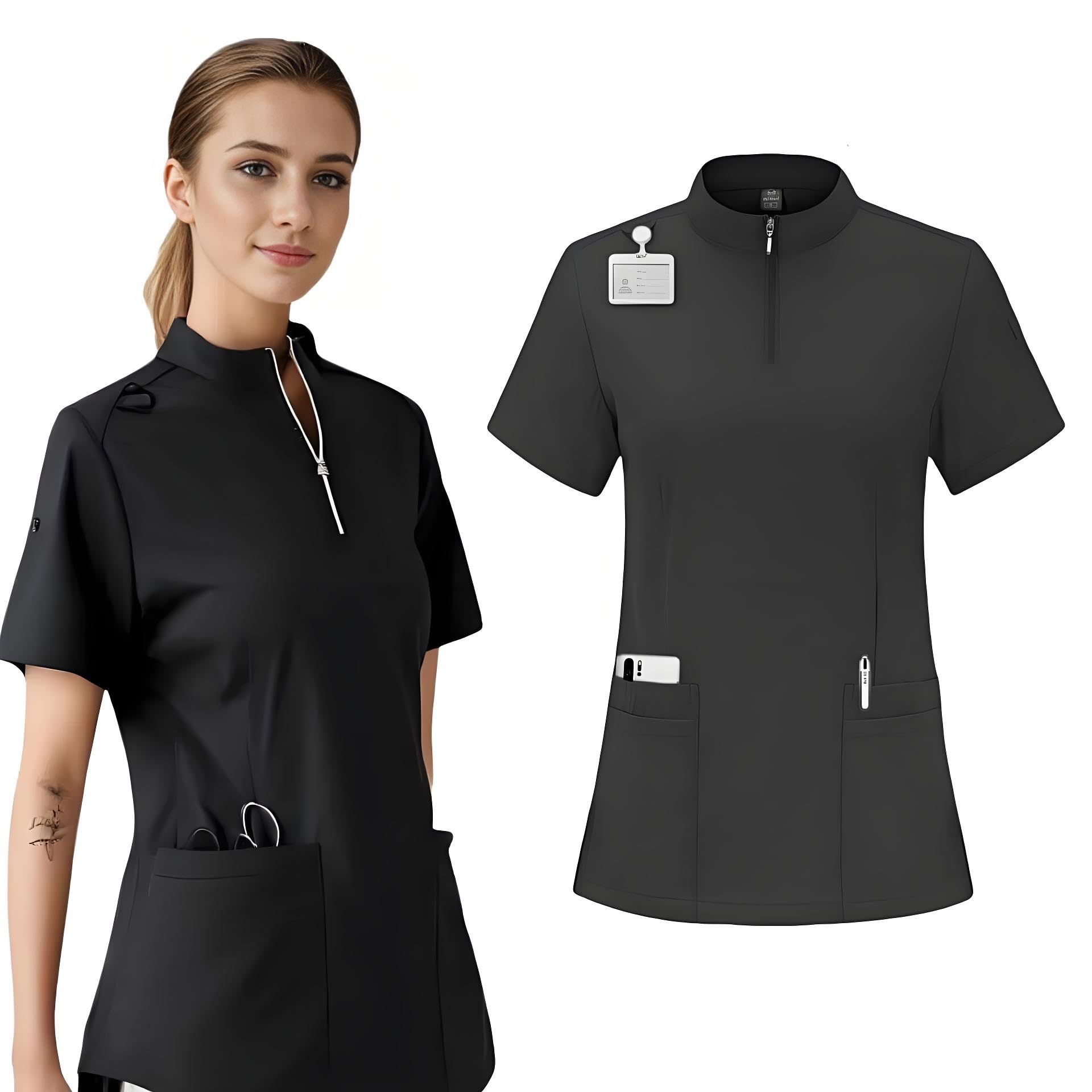 Conjunto de ropa quirúrgica médica para mujer, conjunto de ropa quirúrgica negra para mujer, conjunto de ropa quirúrgica para manos curativas para mujer (cremallera negra, M, M)