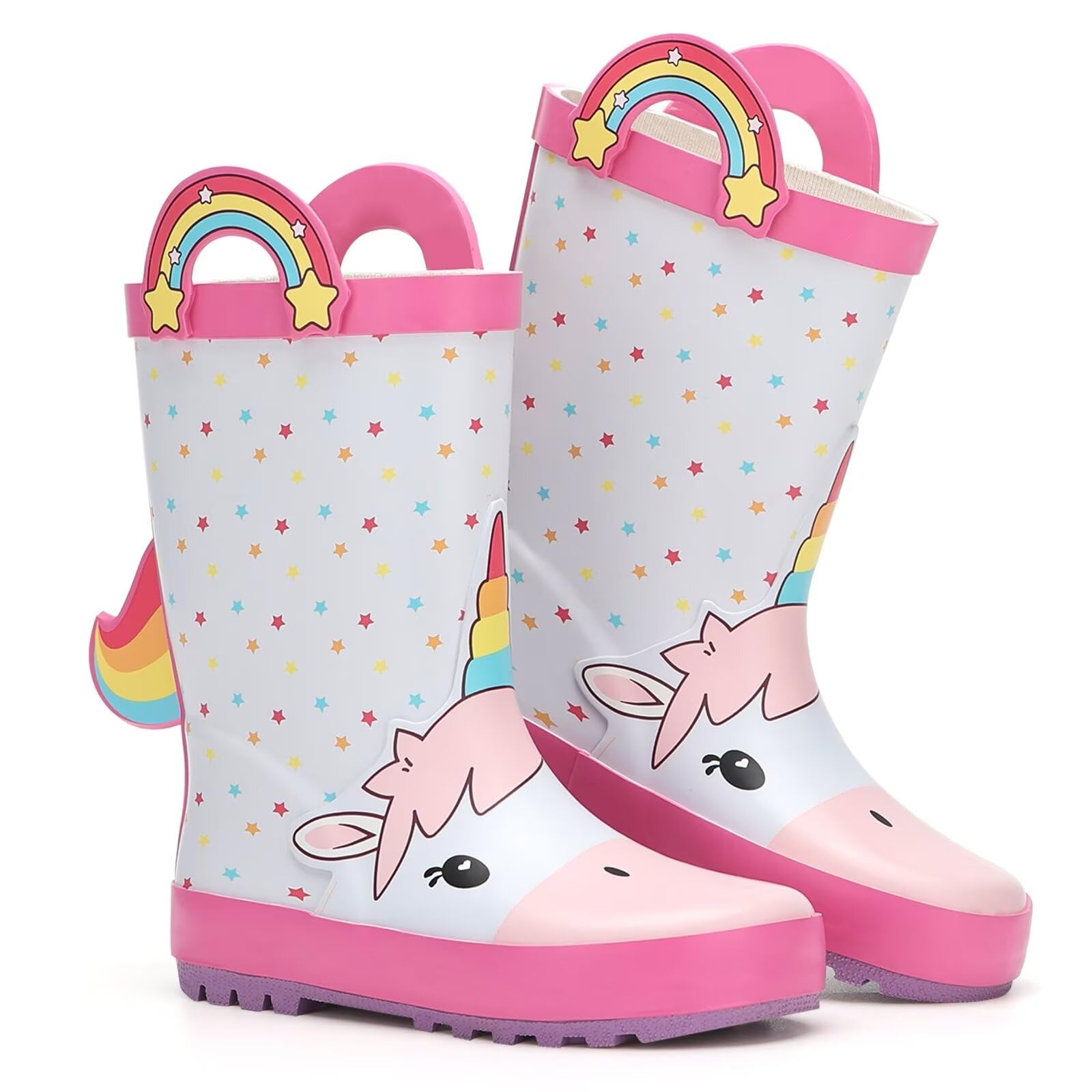 FUNCOO PLUS Botas de agua de goma para niños pequeños, botas de lluvia impermeables para niños y niñas, con asas en patrón divertido