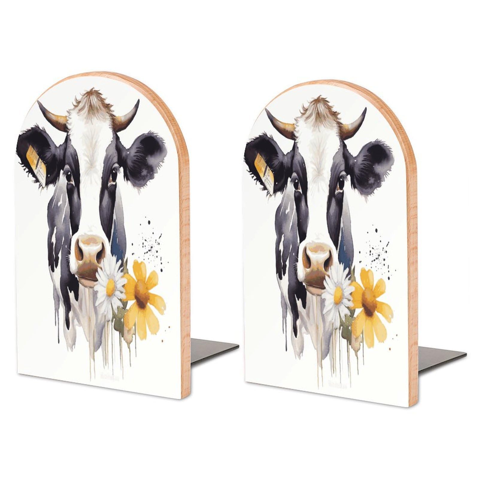 Large Watercolor Cow and Daisy Flower Book End with Metal Base Fashion Heavy Duty Bookend Exquisite Wooden Bookends Non-Skid Book Stopper for Shelves Books Organizer for Office Home 1 Pair