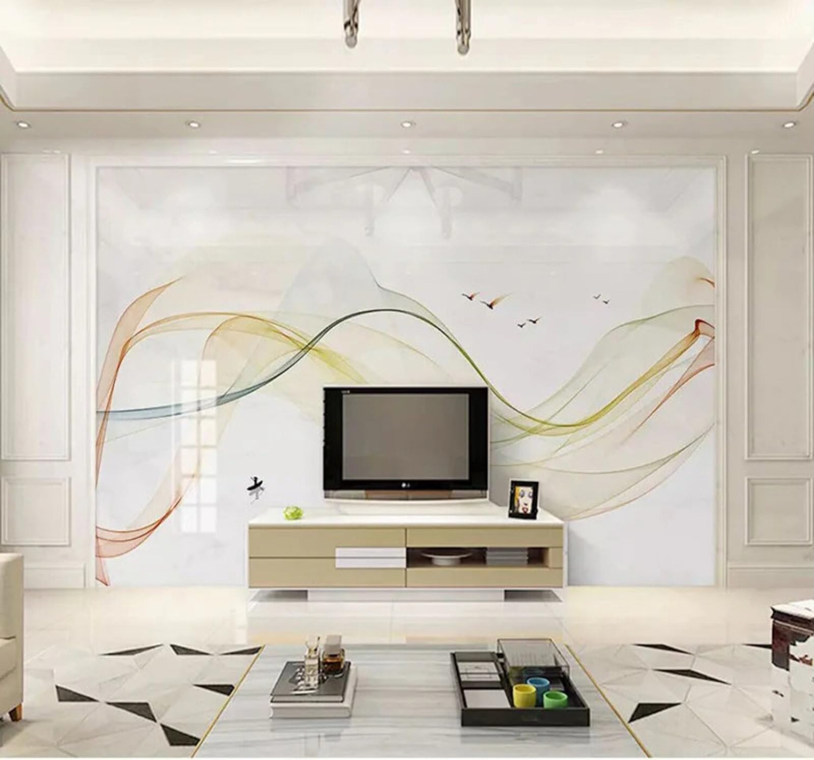 Abstract Lines Landscapes Birds Marble Effect 3D Wallpaper Easy Install Feature Office Living Room Sofa Bedroom TV Background Wall Decoration-250cm×170cm