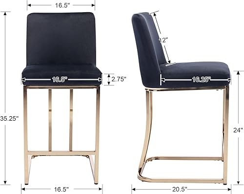 Miniatura 2 de Taburetes de bar modernos de mediados de siglo con base de metal dorado y reposapiés sillas tapizadas de terciopelo de 24 pulgadas para isla de