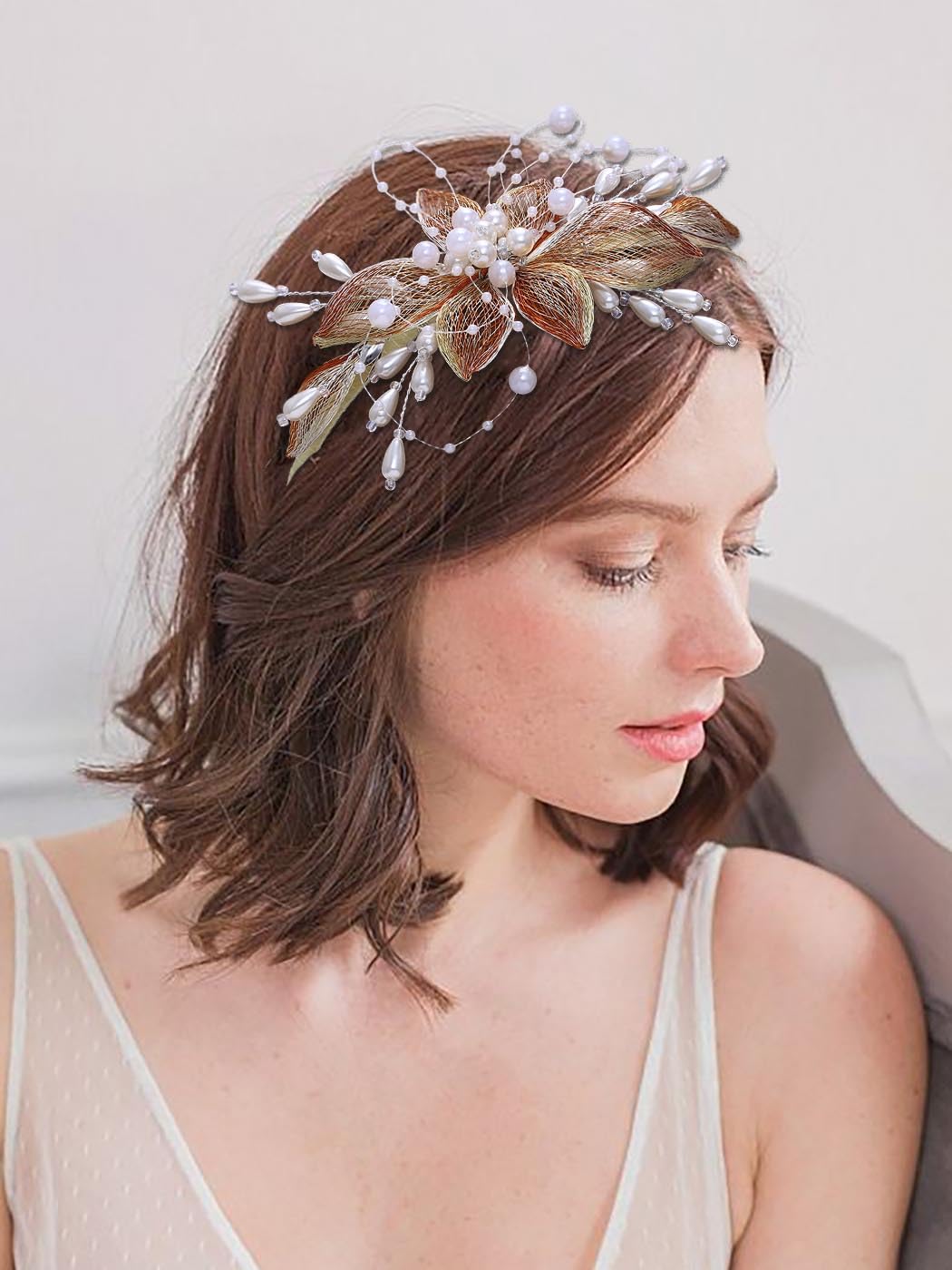 IYOU Bridal Wedding Headband Gold Flower Hair Bands Copper Wire Pearl Headpiece Bridesmaid Bride Hair Accessories for Women - Image 3