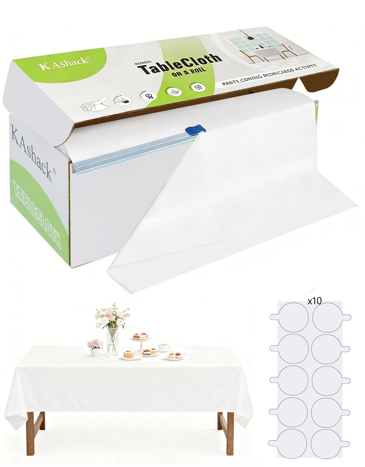 94m*1.37m Plastik Tischdecken Rolle Weiß, Einweg-Tischdecke Rolle mit Schiebeschnittbox für Rechteckige und Runde Tischabdeckung Picknick Bankette Partys Geburtstage Babypartys [mit festen Aufklebern]