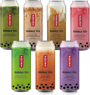 Pocas Bubble Tea with Tapioca Pearls, (Pack of 7, Variety, 16.5 oz), Asian Drinks, Refreshing Milk Tea with Boba Pearls (Variety)