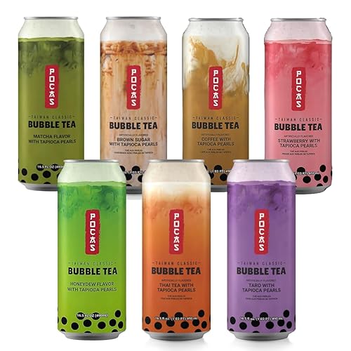 Pocas Bubble Tea with Tapioca Pearls, (Pack of 7, Variety, 16.5 oz), Asian Drinks, Refreshing Milk Tea with Boba Pearls (Variety) - Variety